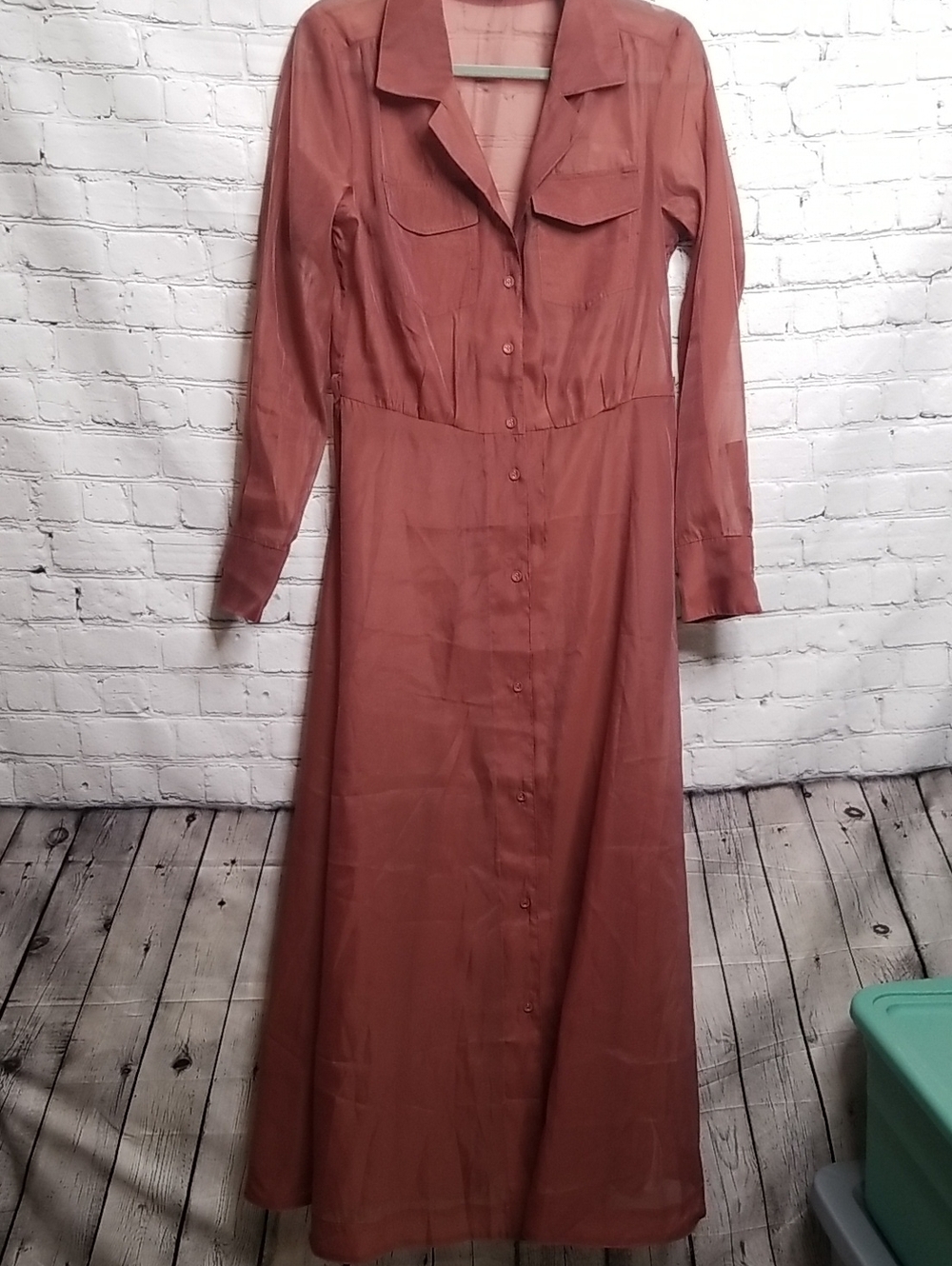 EN SAISON Brown Sheer Maxi Dress Button Front Size 12 14 EUC